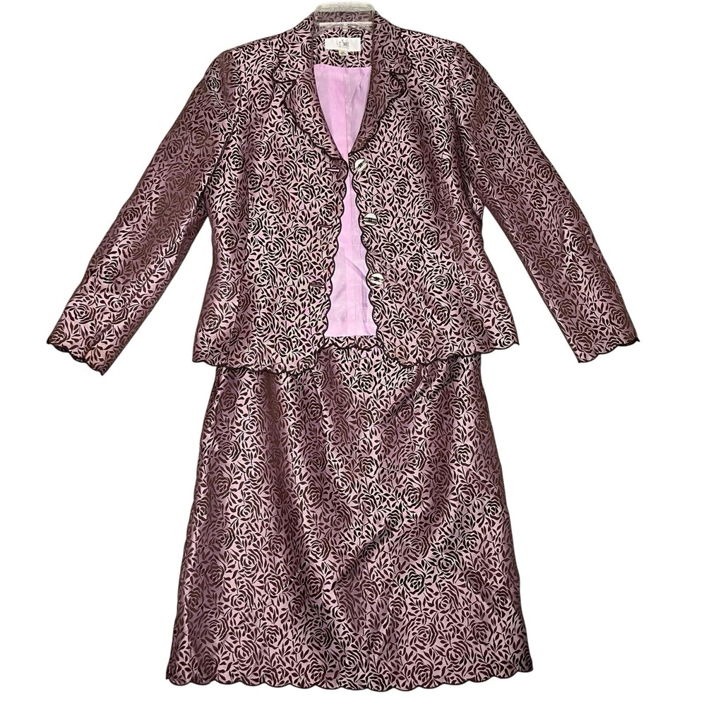 Le Suit Petite 2 Pc Skirt Suit 10 Purple Brown Scalloped Old Money Quiet Luxury